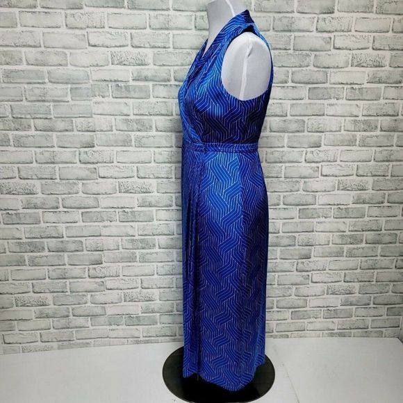 Equipment‎ Size 10 Katherine Blue Silk Geo Pattern Wrap Sleeveless Midi Dress - Picture 8 of 12